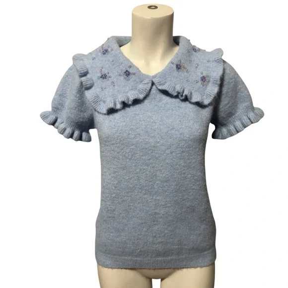 ZARA Peter Pan Beaded Collar Blue Cropped Knit Sweater Ruffle Trim Women’s Large - Picture 4 of 14